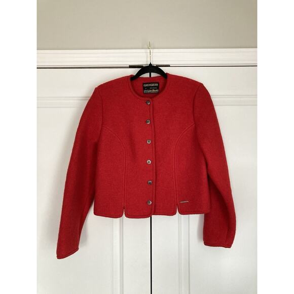 Geiger Tyrol Austria Boiled Wool Cardigan Knit Sweater Jacket Red Sz 42- Large - Picture 1 of 9